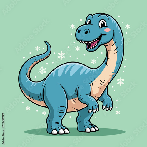 A cheerful blue dinosaur happily standing against a backdrop of falling snowflakes, embodying a sense of joy and nostalgia for the prehistoric era in a playful illustration.