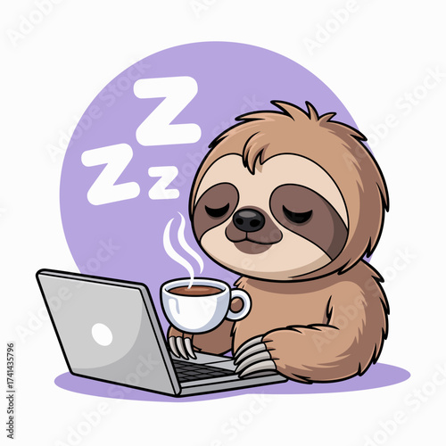 This delightful illustration features a cute sloth comfortably enjoying a cup of coffee while working on a laptop, perfectly portraying a relaxed and cozy lifestyle.