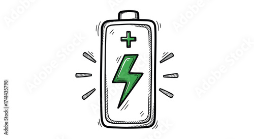 Hand-drawn battery charging icon with green lightning bolt and plus sign.