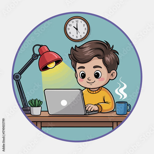 A young boy sits at a desk typing on a laptop, with a warm lamp glowing beside him. A clock on the wall shows the time while a steaming mug and plant complete the setup.
