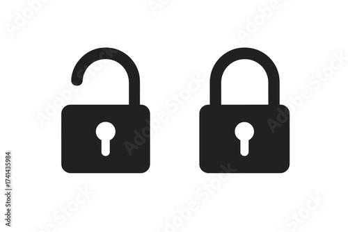 Lock and unlock icons. Open and closed padlock vector set. Security and safety symbol. Privacy, protection, access, password concept. Locked and unlocked silhouette sign.