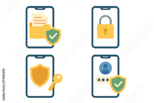 Mobile data security vector icon set. Internet privacy concept. Protect sensitive data. Secure file access. Phone lock. User authentication, password, login, key, shield.