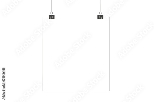 Realistic white poster mockup hanging on black binder clips. Blank paper sheet template for business presentations or design portfolio. Empty vector frame for text or image.