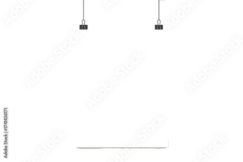 Realistic white poster mockup hanging on black binder clips. Blank paper template for business presentations, portfolio display, or advertising. A4 format vector illustration.