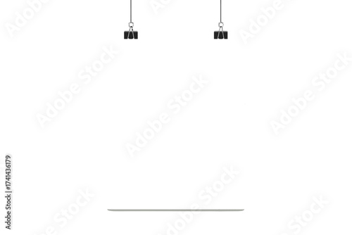 Realistic white poster mockup hanging on binder clips. Empty paper sheet template for business presentation, ad or text. Blank display board vector illustration for design.