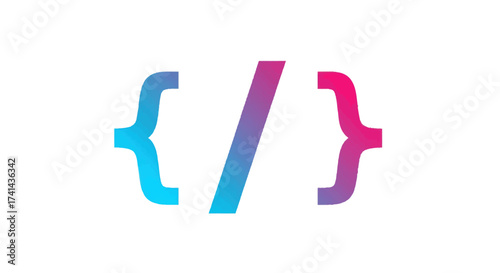 Gradient colored curly braces and forward slash symbol.