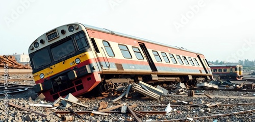 A derailed train lies on its side, amidst scattered debris, arrival, hazard