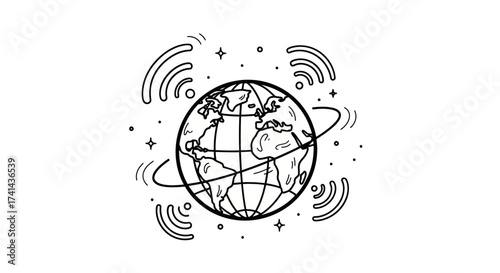 Hand-drawn illustration of a globe with radiating Wi-Fi signals and stars.