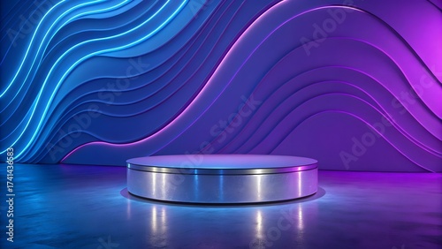 A futuristic podium with neon lights, showcasing a modern stage with blue and purple hues, perfect for product display and presentation