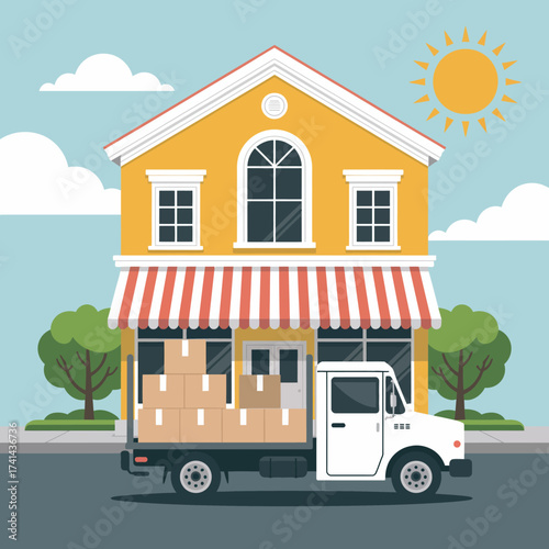 A bright yellow house with a delivery truck packed with boxes symbolizes home moving and logistics, depicting a cheerful atmosphere of relocation and new beginnings.