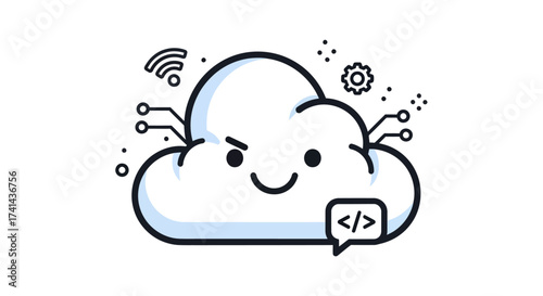 Cartoon Cloud with Coding Symbol Wifi and Gear Icon - Digital Technology Concept.