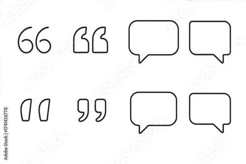Quotes icon vector set. Outline quotation marks, speech marks, inverted commas, talking marks collection. Minimalist line art illustration, isolated on white background, vector design elements.
