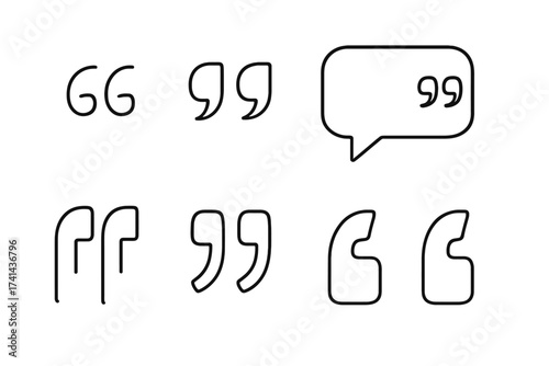 Quotes icon vector collection, outline speech marks, inverted commas, quote symbols, punctuation marks, talking marks, vector line art illustration on white background, communication design elements