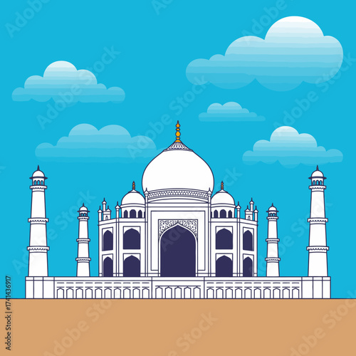 A simplified graphic portrayal of the Taj Mahal, featuring its iconic dome and minarets, set against a vibrant blue sky and fluffy clouds, offering a serene visual experience.
