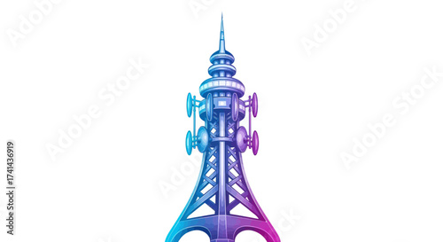 Futuristic Communication Tower with Multiple Antennas and Gradient Lighting.