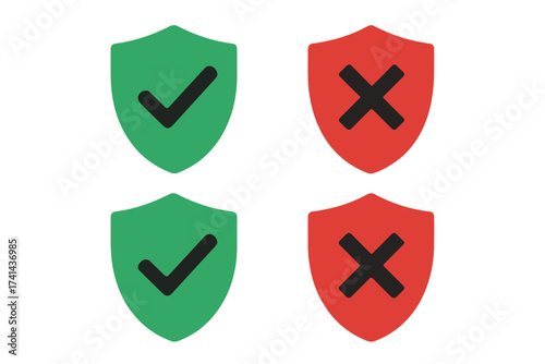 Red and green shield icons with checkmark and cross symbols, protection and security concept, reliable internet safety, flat design vector illustration