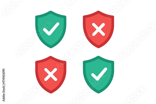 Shield icons set with green check marks and red X marks, data protection, cyber security, internet safety, reliability concepts, digital shield symbols, vector flat design