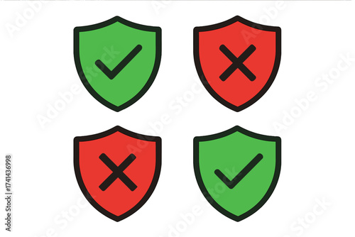 Set of green and red shields with check marks and cross icons, protection and security concept, safe and unsafe data symbols, internet security, reliability, flat vector design