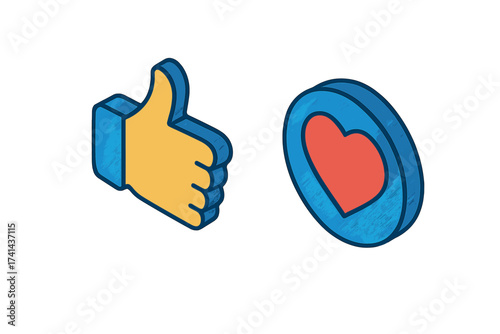Isometric thumbs up and heart icons on white background, social media emoji reactions, empathetic vector illustration, digital likes and love symbols, 3D style