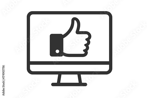 Social media like icon on computer monitor screen vector illustration, thumbs up sign on digital display, positive feedback concept, digital approval, minimalistic tech graphics