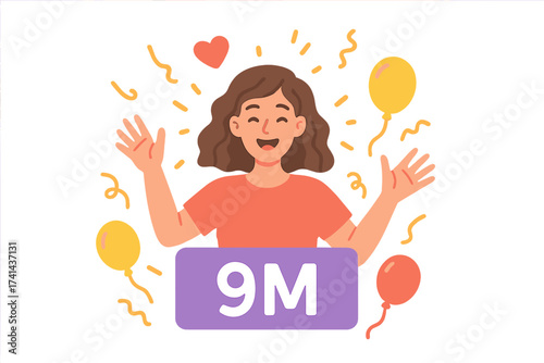 Thank You 9 Million Followers Celebration. Social Media Milestone, Blogger Happy and Thankful, Subscriber Growth, Digital Community Success, Festive Balloon Party Vector Illustration