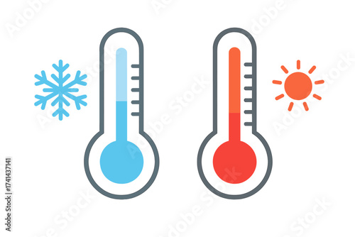 Thermometer icons showing cold and hot temperature scales with winter snowflake and summer sun symbols, flat design vector illustration with transparent background for weather and climate concepts