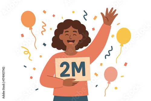 Celebrating 2 Million Followers, Social Media Thank You Card, Blogger Appreciation, Subscriber Milestone, Happy Influencer with Balloons and Confetti, Vector Illustration