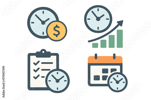 Time is Money Concept, Long-Term Investment, Financial Planning, Finance Strategy, Payment Deadline, Time Management Icons Set, Productivity and Growth Vector Illustration