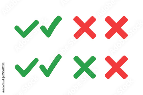 Stylish tick and cross icon set in green and red, flat design vector illustration, check marks and crosses for approval and rejection concepts, isolated on transparent background