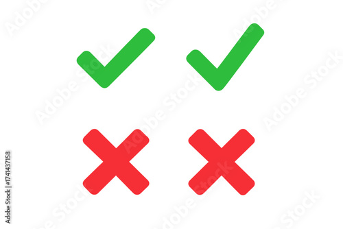 Green and red tick icon set, stylish check marks, vector illustration with flat design, transparent background, correct and incorrect symbols for interface and approval design