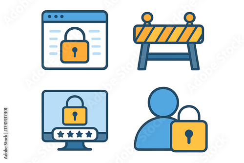 Secure access and restricted entry vector icons set, password protection, online user privacy, locked webpage, computer security, firewall barrier, cybersecurity concepts, transparent design
