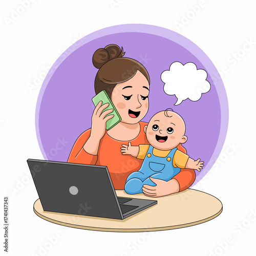 This relatable scene captures a mother multitasking while on a phone call and caring for her baby, reflecting the balance of work and family life in a warm, inviting setting.