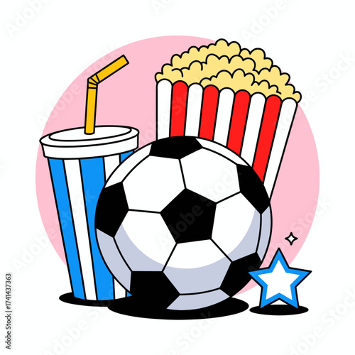 A dynamic arrangement featuring a soccer ball, popcorn, and a refreshing drink, perfect for capturing the excitement of sports events and the fun atmosphere of cheering fans.