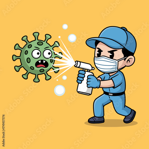 A cartoon character in a blue uniform spraying disinfectant on a green virus, symbolizing the fight against illness and the importance of cleanliness and hygiene.
