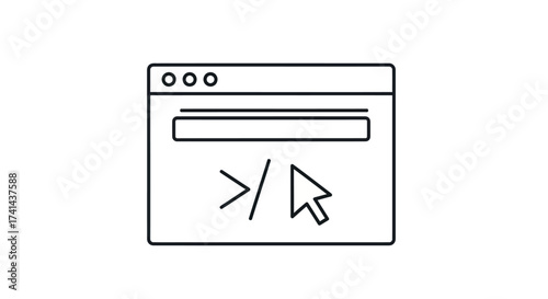 Simple Line Art Icon of a Web Browser Window with Code Symbols and Cursor.