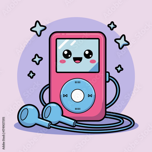 This charming image features a smiling pink music player with headphones, embodying joy and nostalgia while appealing to music lovers and fans of vintage technology.