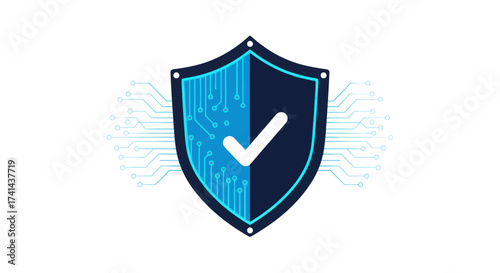 Digital Security Shield with Checkmark and Circuitry Design.