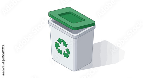 White Recycling Bin with Green Lid and Symbol.