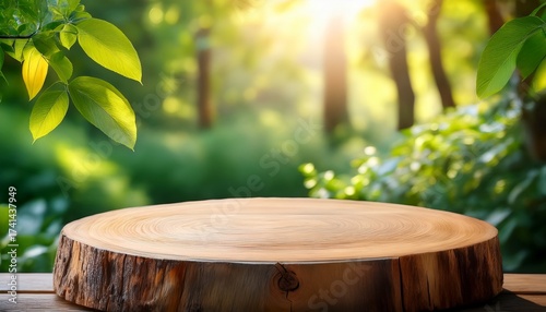 rustic wooden podium or tree stump table in a lush green garden with soft sunlight filtering through the trees a perfect natural backdrop for product display food photography or outdoor themed