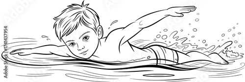 Boy swimming in water illustration, black and white line art, kid learning to swim, water splash, summer activity drawing