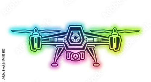 Futuristic Quadcopter Drone with Neon Glow and Camera Lens.