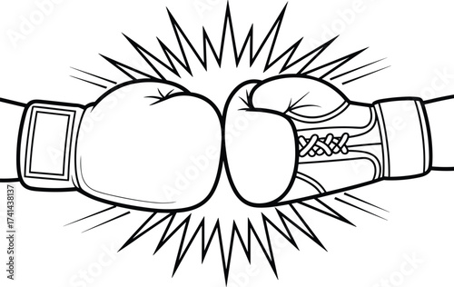 Two boxing gloves clashing in powerful impact illustration, symbol of strength, competition, sports energy, teamwork, and fighting spirit concept