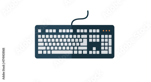Black Computer Keyboard with White Keys and Cable.