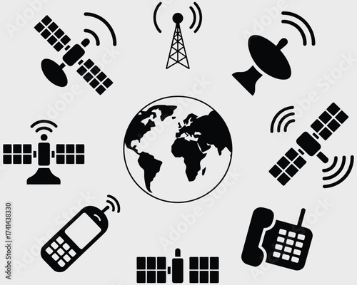 Global communication and telecommunication network icons on a gray background