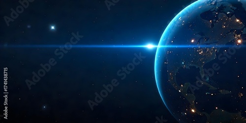 Blue planet earth with dark horizon, digital grid lines, horizontal blue light beam, light background with stars