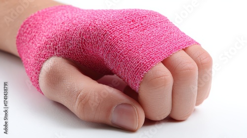 Close up of a hand wrapped in pink bandage illustrating medical care and healing