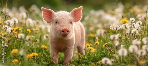 The Piglet in a Dandelion Meadow on a Sunny Spring Day