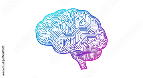 Gradient Circuit Board Brain Illustration on White Background.