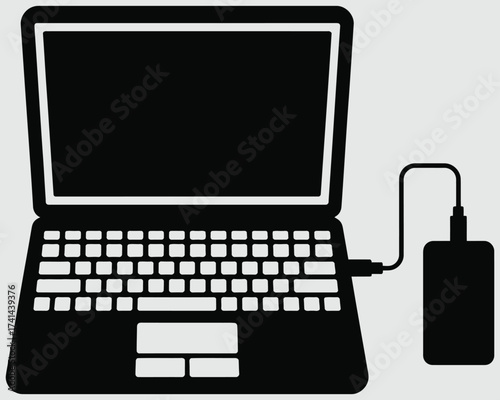Black and white illustration of a laptop connected to an external hard drive