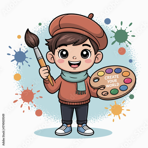 This enthusiastic child holds a paintbrush and palette, ready to express creativity, capture beauty through art, and embody the spirit of imagination in a colorful environment.
